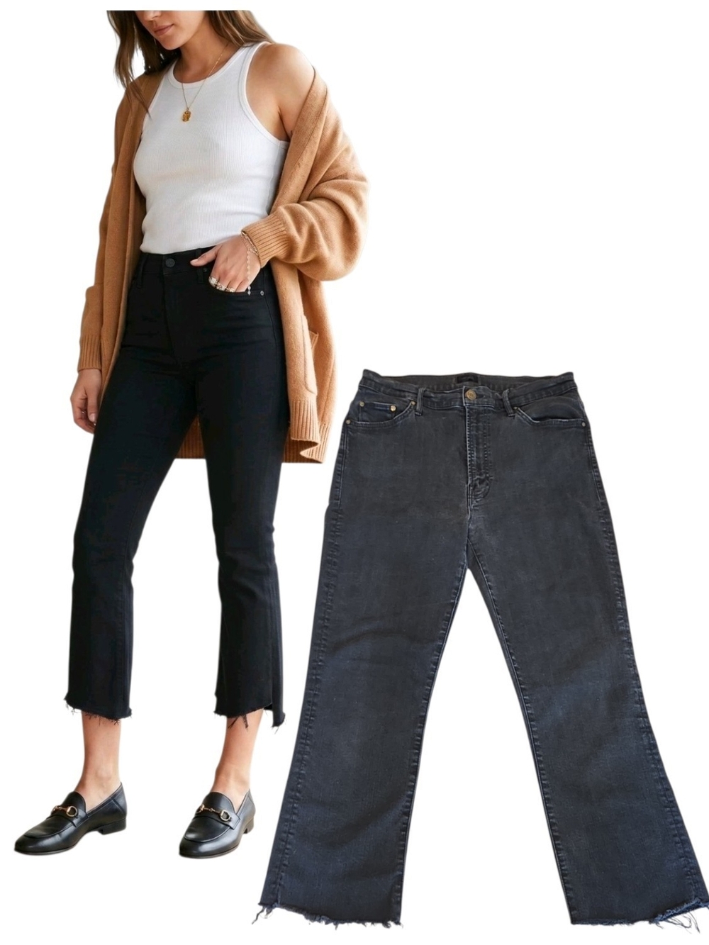 NWOT MOTHER Denim Insider Crop Two Step Fray Not Guilty Black Wash Bootcut 32